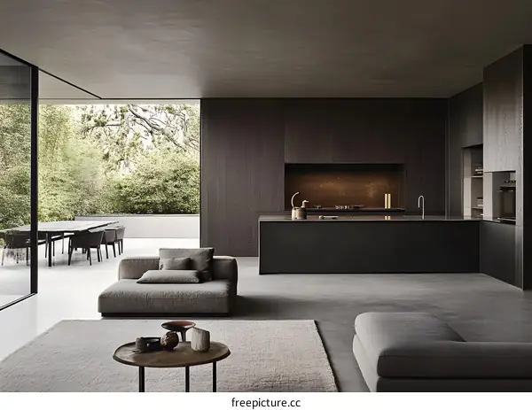 Modern Minimalist Interior Design With Grey Sofa and Kitchen