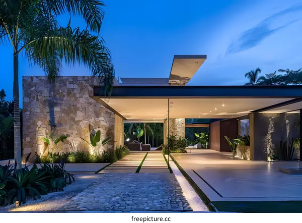 Modern Luxury Home With Stone Exterior and Lush Landscaping