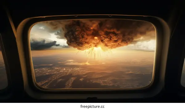 A mushroom cloud from a nuclear explosion seen from the window of an airplane