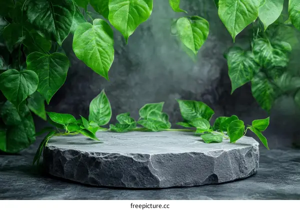 Natural Stone Display Platform with Lush Greenery