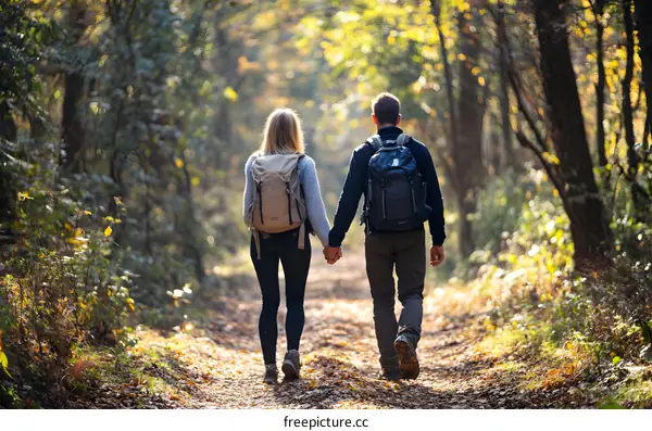 Couple Hiking in Forest with Backpacks