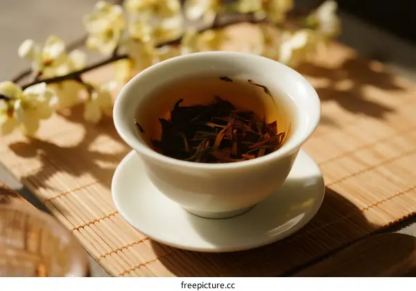 A Cup of Black Tea with Blossom Branch on Bamboo Mat