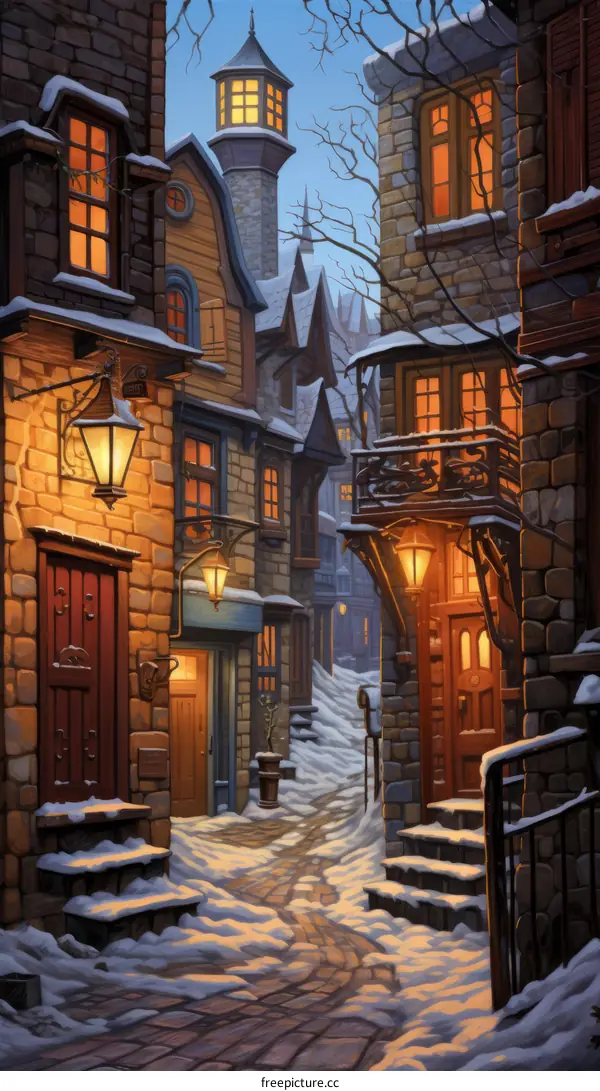 A digital painting of a snowy street in a medieval town.