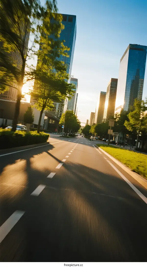 Urban Road with Skyscrapers Under Morning Sunlight