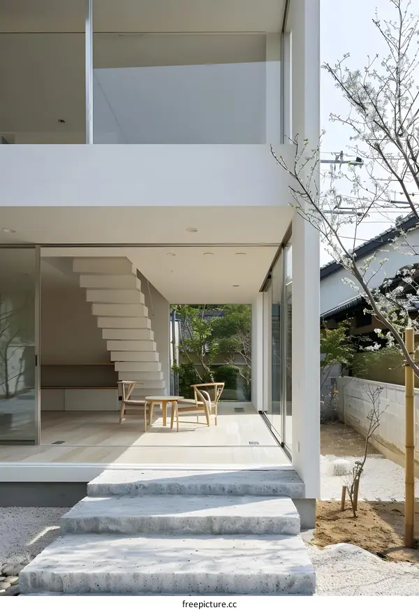Modern Minimalist House Exterior With Stone Stairs and Minimalist Furniture