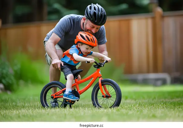 Father Teaching Son How To Ride Bike In The Backyard
