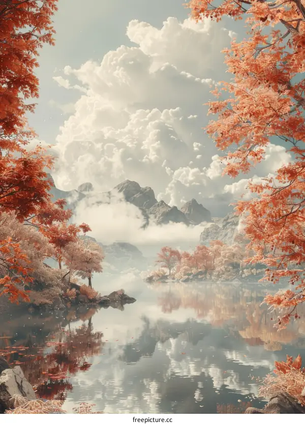 Mountain Lake in the Mist with Fall Colors