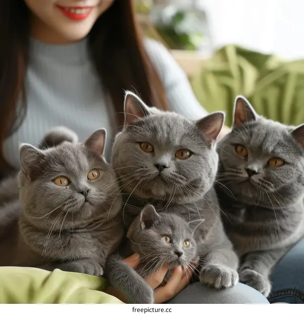 A woman is holding three British Shorthair cats in her arms