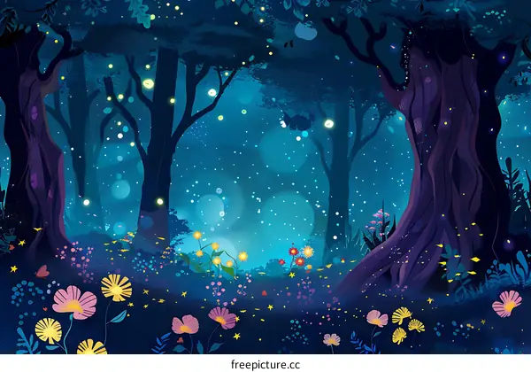 Magical Night Forest With Glowing Firefly And Flowers