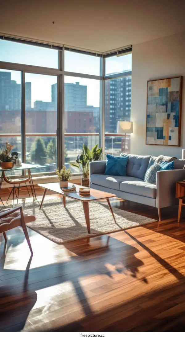 A bright and sunny living room with a large window, a sofa, and a coffee table