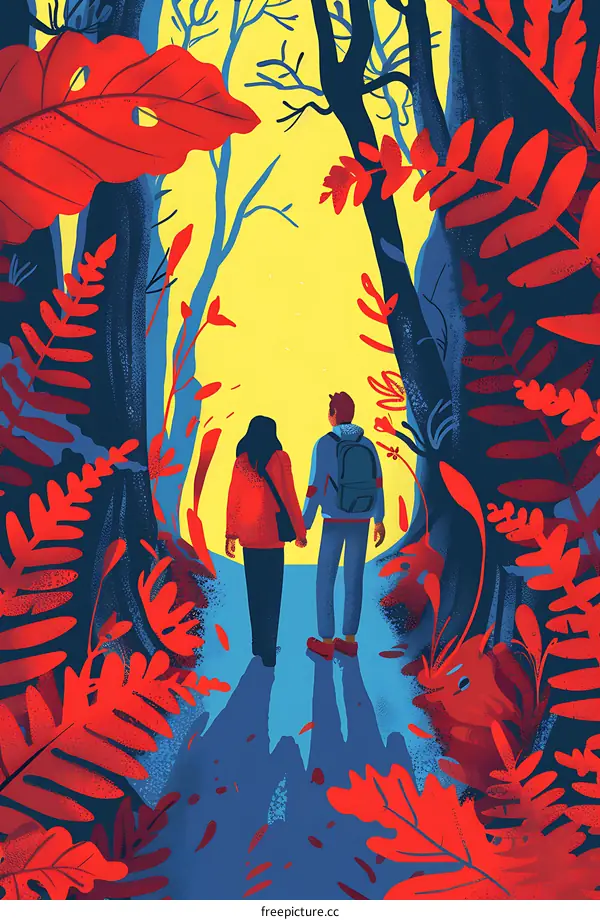 Couple Walking Through A Forest With Red Leaves
