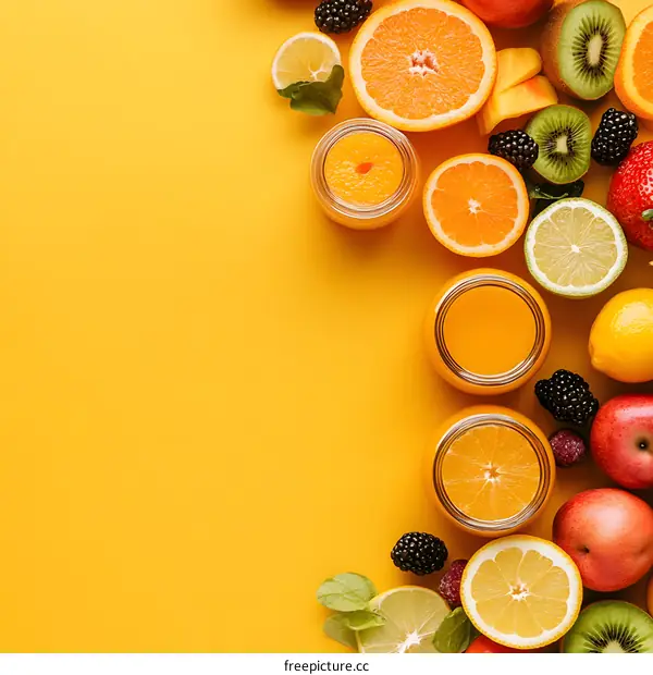 Fresh Fruit and Juice on Yellow Background