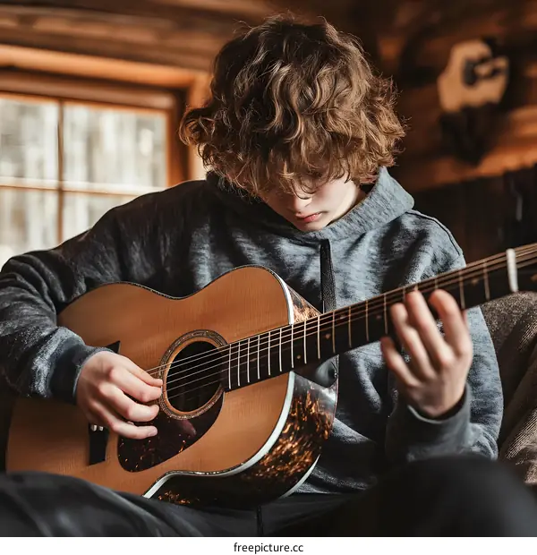 Young Man Playing Acoustic Guitar in a Wooden Cabin
