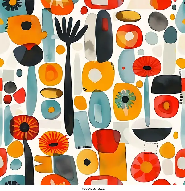 Abstract Watercolor Pattern With Geometric Shapes And Flowers