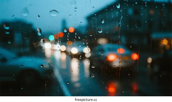 Rainy City Street View Through Wet Glass Window at Night