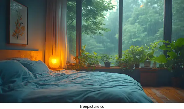 Rainy Day Bedroom with Plants and Soft Lighting