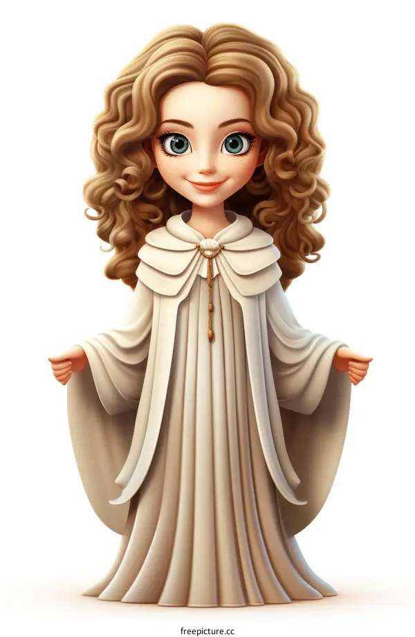 A young woman with long brown hair and blue eyes wearing a white dress and a gold necklace