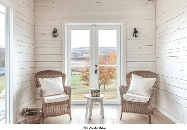 Rustic White Paneled Room with Wicker Chairs