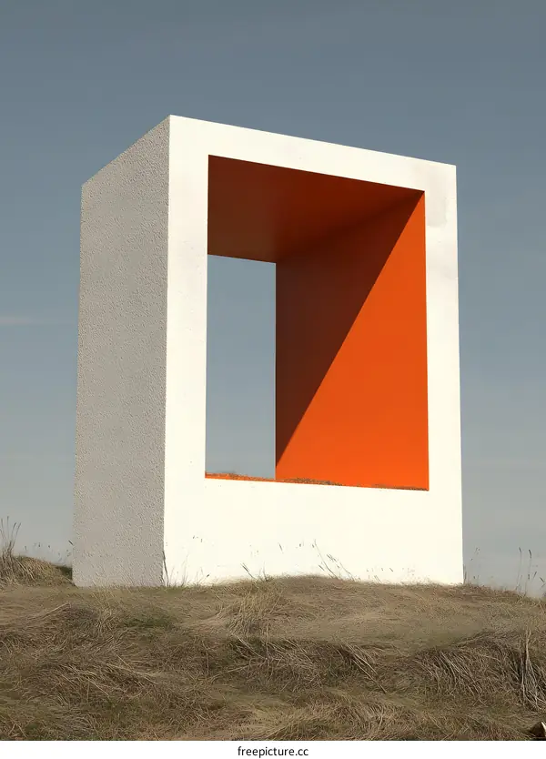 Minimalist White and Orange Cube Sculpture in Field