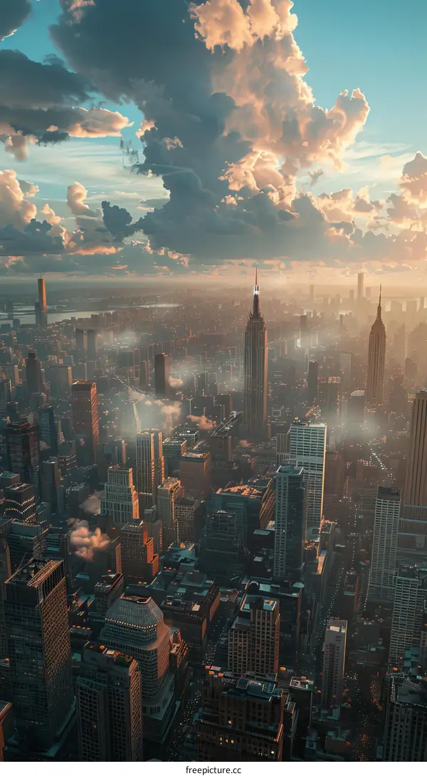 Aerial View of New York City Skyline at Sunrise
