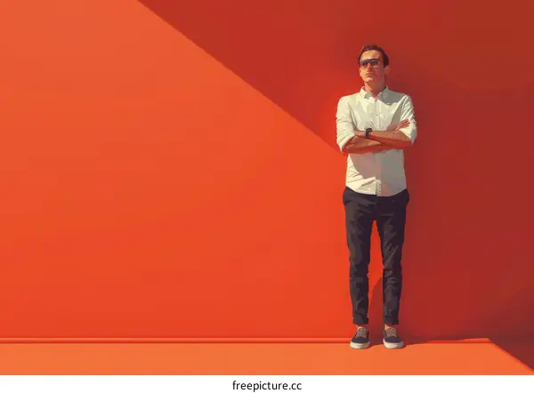 A man standing in front of an orange wall