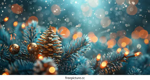 Christmas Decorations with Golden Lights and Ornaments