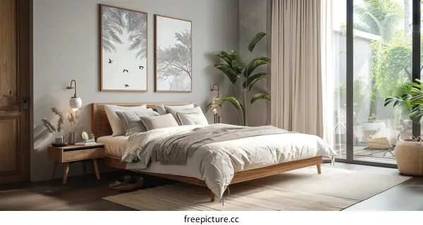 Modern Bedroom with Natural Light and Functional Wood Furniture