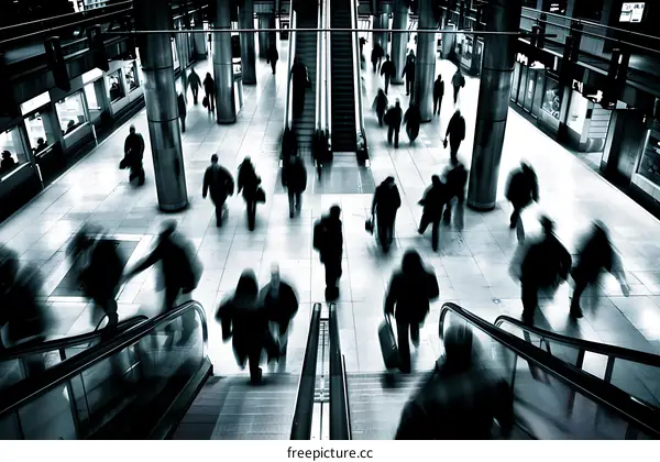 Blurred Motion of People Walking Through a Modern Building with Escalators