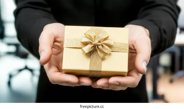 Gift Giving Hands Presenting a Golden Gift Box