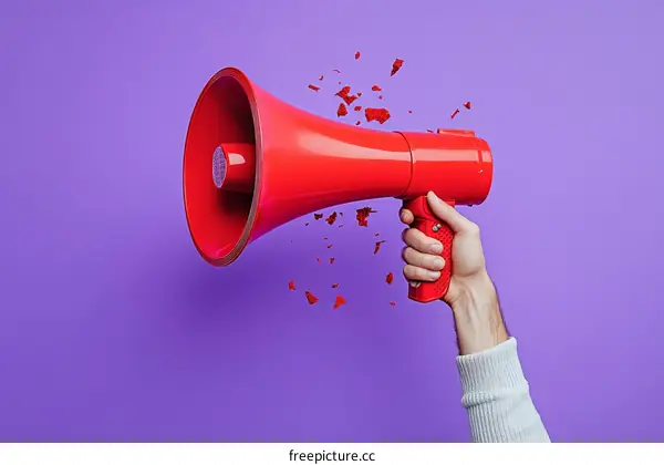 Red Megaphone Breaking Apart Against Purple Background
