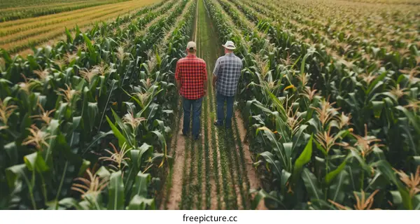 Two farmers standing in a corn field looking at the harvest