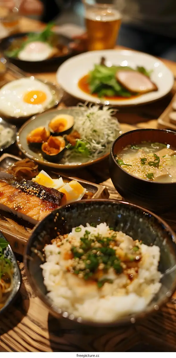 Japanese food on a wooden table