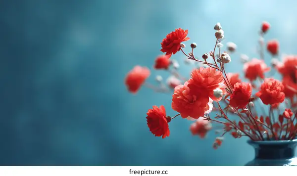 Beautiful Red Flowers in Vase against Teal Background