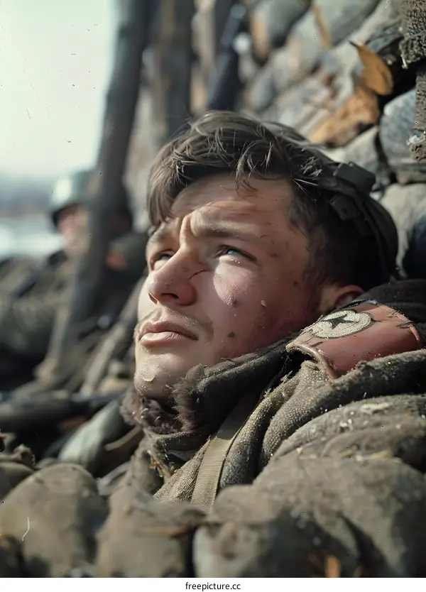 A soldier looks out from a foxhole during the Korean War.