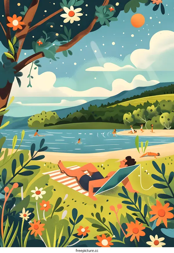 Summer Vacation Illustration with People Relaxing by the Lake