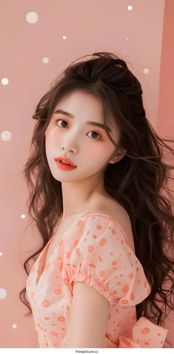 Pretty Asian Woman in Pink Dress with White Polka Dots