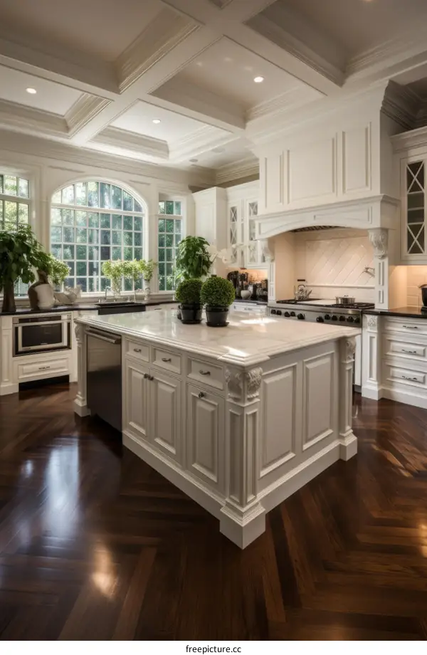 Ornate white kitchen with dark wood floors