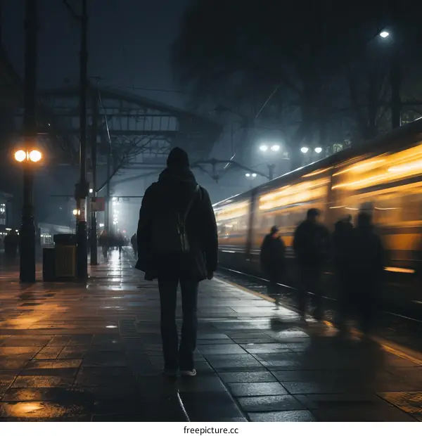 A lone figure stands on a deserted platform as a train rushes by in the night.