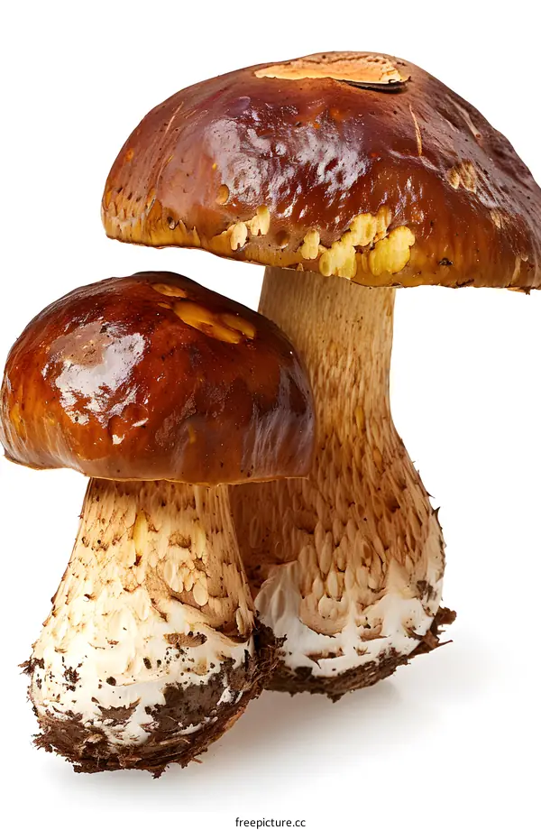 Two brown mushrooms on a white background