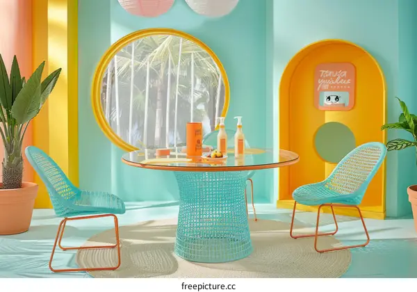 Blue and orange furniture in a room with a large round window