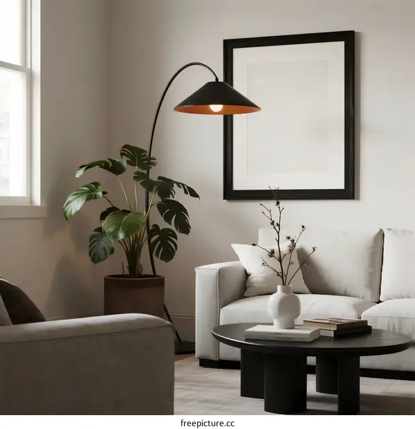 Modern Living Room Interior with Sofa, Floor Lamp and Green Plant