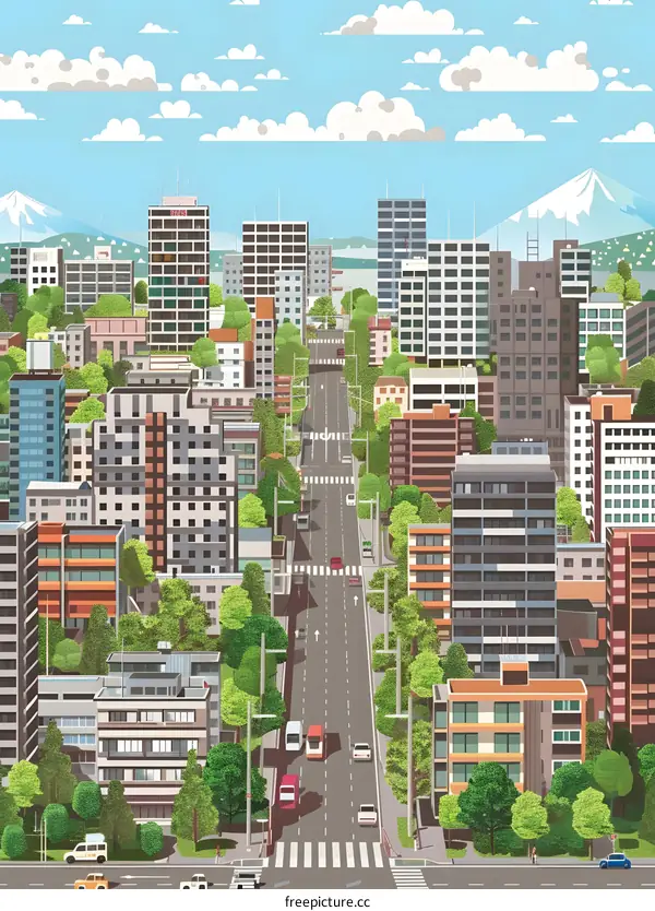 Aerial View of Cityscape With Buildings, Trees and Road