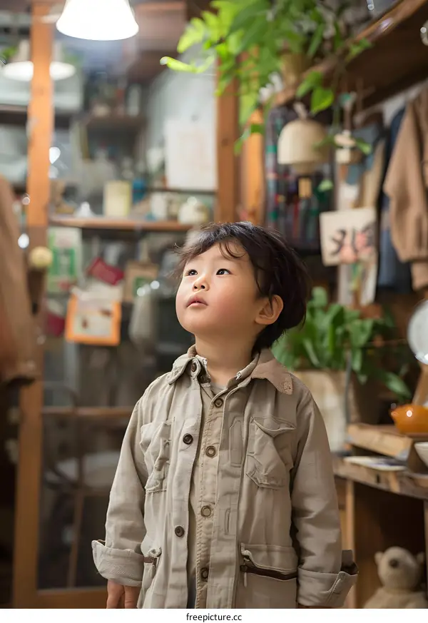 Curious Child Exploring Antique Shop