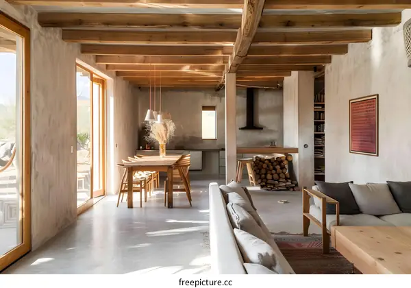 Modern Rustic Interior Design Living Room with Wood Beams and Exposed Brick Walls