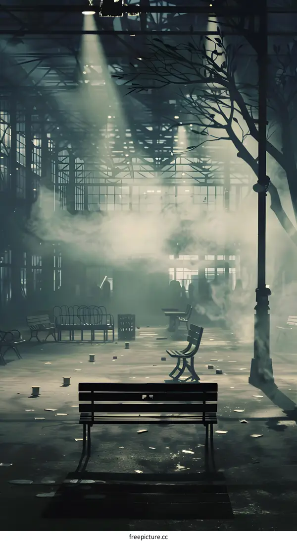 Empty Bench in a Foggy Industrial Building