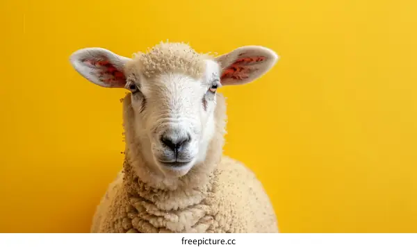 A cute sheep looking at the camera with a yellow background