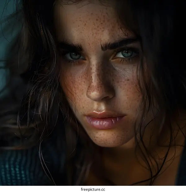 Close-up portrait of a young woman with freckles