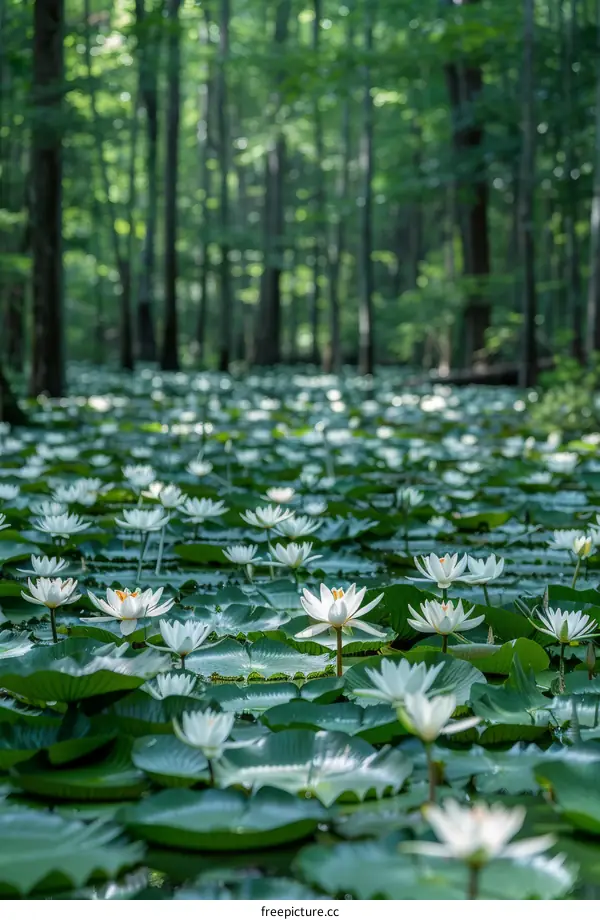 White water lilies in a pond surrounded by a forest