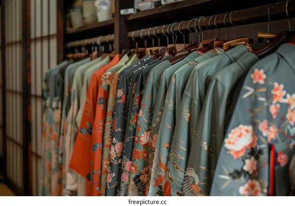 A rack of traditional chinese clothing with floral patterns.