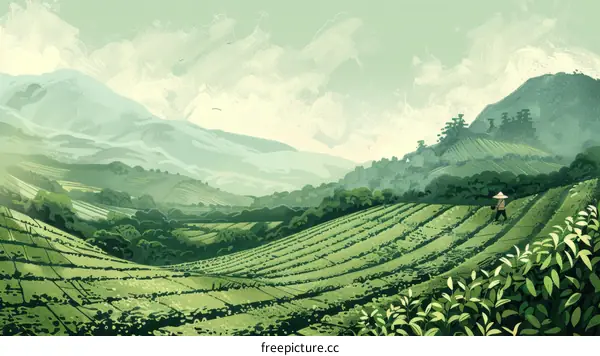 An illustration of a person walking through a tea plantation